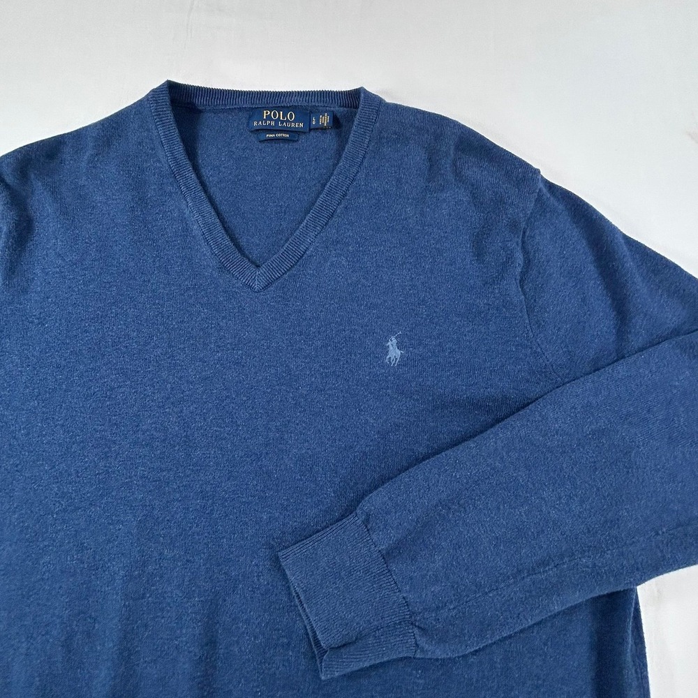 Polo Ralph Lauren Sweater Men's L Blue Pima Cotton V-Neck Pony Pullover Soft